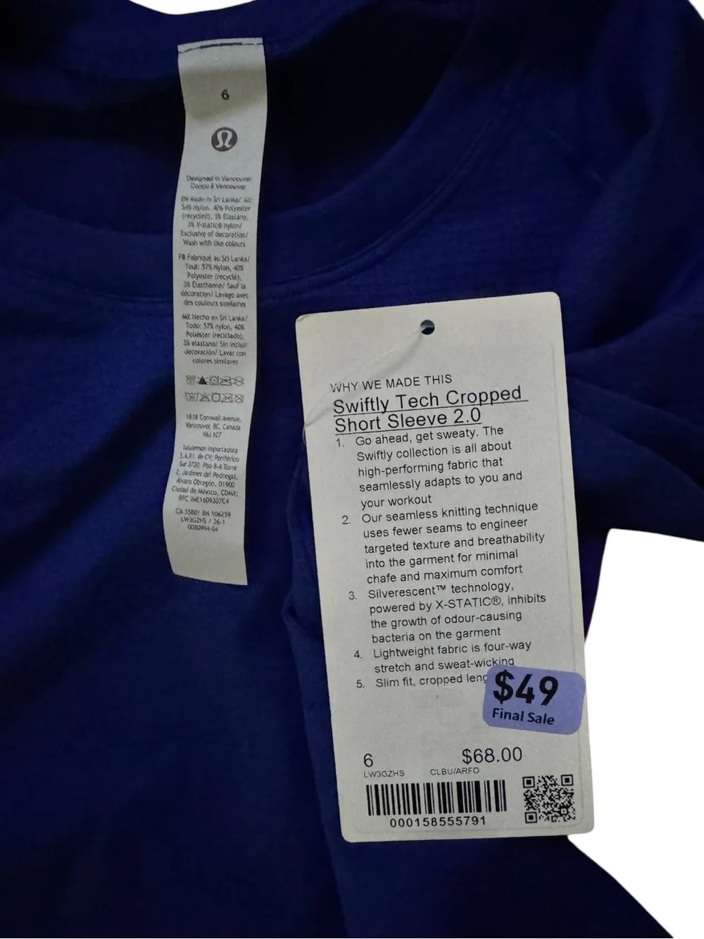 Lululemon Swiftly Tech Cropped Short Sleeve Shirt 2.0 Clubhouse Blue Size 6 NWT